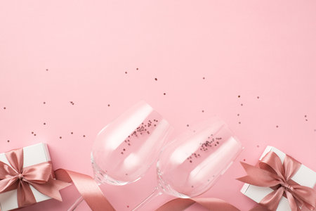 Top view photo of st valentine's day decorations shiny sequins two wineglasses pink satin ribbon and white gift boxes with bows on isolated pastel pink background with copyspaceの写真素材