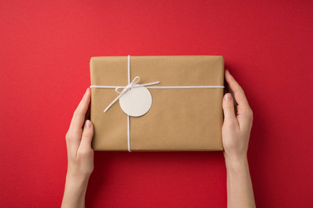First person top view photo of saint valentine's day decorations woman's hands demonstrating kraft paper giftbox with small bow and pricetag on isolated red background with blank spaceの写真素材