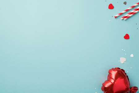 Top view photo of valentine's day decorations straws heart shaped balloon confetti and sequins on...