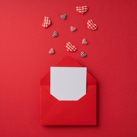 Top view photo of st valentine's day decorations open red envelope with paper card and checkered hearts on isolated red background with blank spaceの写真素材