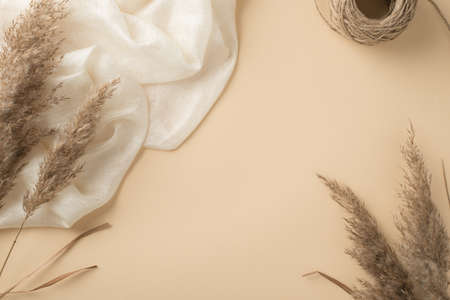Top view photo of white light scarf spool of twine and reed flowers on isolated beige background with copyspaceの写真素材