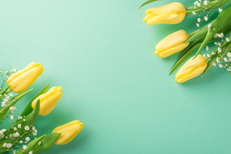 Top view photo of woman's day composition two bunches of yellow tulips and white gypsophila on isolated pastel blue background with copyspaceの写真素材