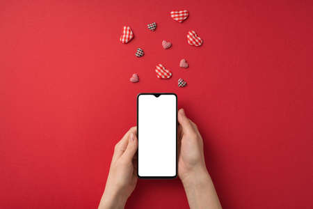 First person top view photo of valentine's day decor young female hands holding smartphone and checkered hearts on isolated red background with blank spaceの写真素材