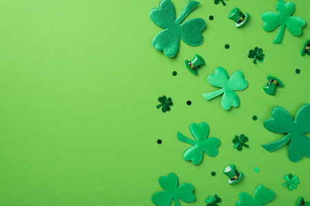 Top view photo of st patrick's day decorations green shamrocks clover shaped confetti and leprechaun...