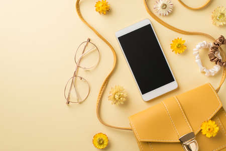 Top view photo of woman's day composition yellow leather handbag stylish glasses smartphone scrunchies and field flowers on isolated beige background with empty spaceの写真素材