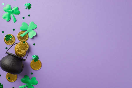 Top view photo of st patrick's day decorations pot with gold coins green shamrocks and clover shaped confetti on isolated pastel purple background with copyspaceの写真素材