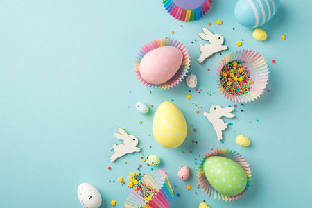 Top view photo of easter decor composition funny easter bunnies multicolored easter eggs in paper baking molds and confectionery topping on isolated pastel blue background with blank spaceの写真素材