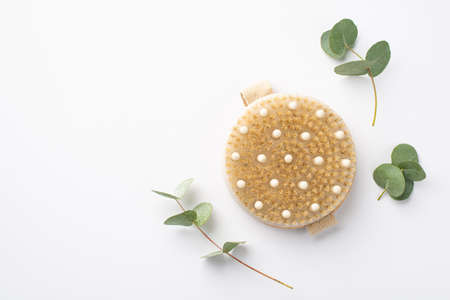 Eco friendly concept. Top view photo of anti-cellulite washcloth and eucalyptus leaves on isolated white background with empty spaceの写真素材