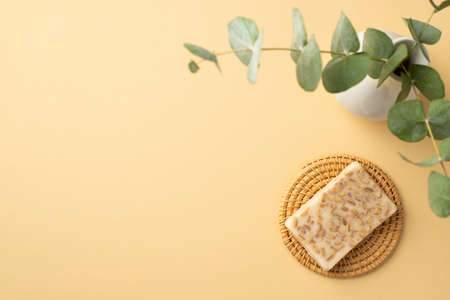Top view photo of vase with eucalyptus and soap on wicker stand on isolated pastel beige background with copyspaceの写真素材