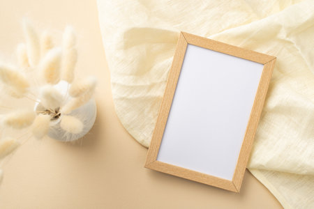 Top view photo of wooden photo frame linen and vase with white lagurus flowers on isolated beige background with blank spaceの写真素材