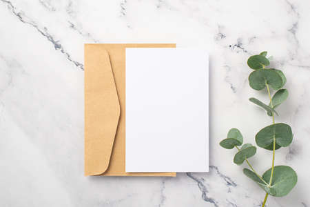 Top view photo of craft paper envelope paper card and eucalyptus sprig on white marble background...
