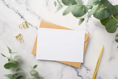 business concept. Top view photo of paper sheet craft paper envelope gold pen binder clips and...
