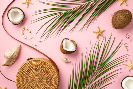 Summer holidays concept. Top view photo of round rattan handbag coconuts shell bracelet earrings...