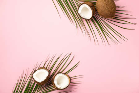 summer concept. Top view photo of tropical fruits coconuts and palm leaves on isolated pastel pink...