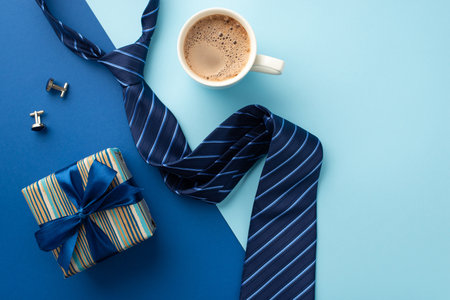 father's day concept. Top view photo of stylish gift box with silk ribbon bow blue tie cup of coffee...