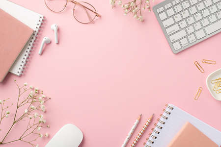 business concept. Top view photo of workplace keyboard computer mouse reminders clips pencils...