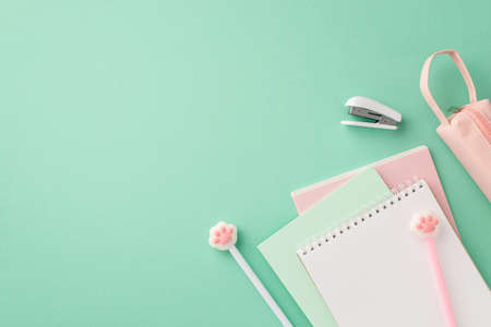 Back to school concept. Top view photo of pink school supplies notebooks paw shaped pens pencil-case and stapler on isolated pastel green background with copyspaceの写真素材