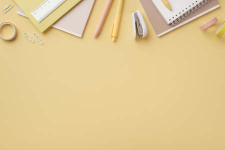 Back to school concept. Top view photo of school supplies notebooks ruler pens clips mini stapler...