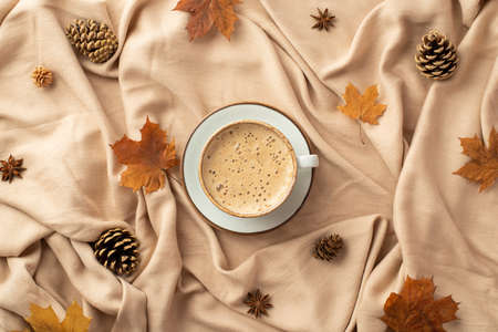autumn concept. Top view photo of cup of frothy hot drinking on saucer autumn maple leaves anise and...