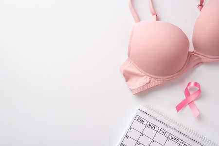 breast cancer concept. Top view photo of pink satin ribbon brassiere and calendar on isolated white background with empty spaceの写真素材