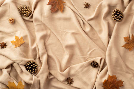 hello autumn concept. Top view photo of yellow maple leaves anise and pine cones on beige cloth background with empty space in the middleの写真素材
