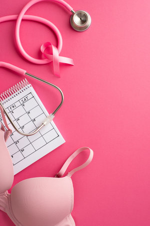 Top view vertical photo of pink ribbon symbol of breast cancer awareness calendar bra and stethoscope on isolated pink backgroundの写真素材