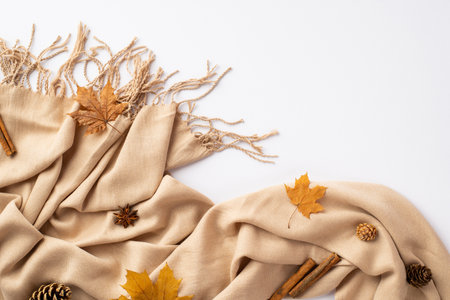 Autumn inspiration concept. Top view photo of cinnamon sticks yellow maple leaves anise pine cones and beige scarf on isolated white backgroundの写真素材
