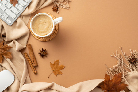 Autumn business concept. Top view photo of cup of frothy cocoa on rattan serving mat computer mouse...
