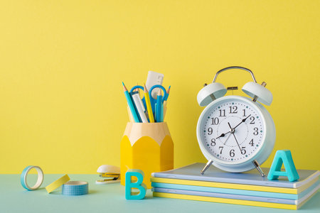 school supplies concept. Photo of stationery on blue tabletop pen holder alarm clock plastic alphabet letters stack of copybooks adhesive tape and stapler on yellow wall backgroundの写真素材