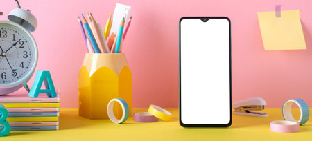 Back to school concept. Photo of school supplies smartphone alarm clock stack of copybooks adhesive...