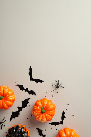 Halloween concept. Top view photo of pumpkins spiders bat silhouettes and black confetti on isolated gray background with empty spaceの写真素材