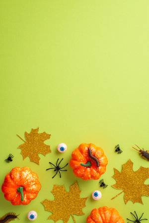 Halloween concept. Top view vertical photo of pumpkins gold sparkle leaves eyeballs spiders centipedes and cockroaches on isolated light green background with copyspaceの写真素材