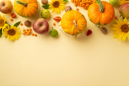 autumn harvest concept. Top view photo of sunflowers vegetables pumpkins apples pears rowan berries...
