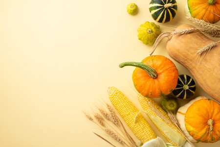 autumn harvest concept. Top view photo of raw vegetables pumpkins gourd pattypans corn and wheat on isolated beige background with empty spaceの写真素材