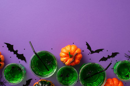 Halloween concept. Top view photo of glasses with green drink spiders bat silhouettes pumpkins centipede and black confetti on isolated violet background with copyspaceの写真素材