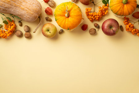 Thanksgiving day concept. Top view photo of raw vegetables pumpkins gourd apples walnuts acorns rowan berries and physalis on isolated beige background with empty spaceの写真素材