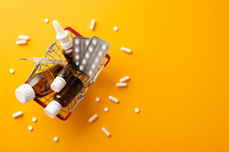 healthcare concept. Top view photo of shopping cart with medicines spray and syrup transparent brown bottles pills blisters and thermometer on isolated orange backgroundの写真素材