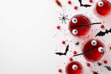 Halloween party concept. Top view photo of floating eyes punch in glasses red candies bat silhouettes creepy insects spiders cockroaches and confetti on isolated white background with copyspaceの写真素材