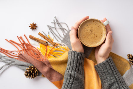 autumn aesthetic concept. First person top view photo of female hands in knitted sweater holding cup of frothy drinking over plaid pine cones anise and cinnamon sticks on isolated white backgroundの写真素材