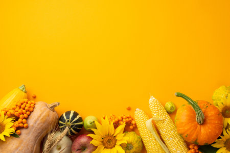 Thanksgiving day concept. Top view photo of sunflowers raw vegetables pumpkins zucchini corn pattypans gourd apple pear wheat and rowan berries on isolated orange background with copyspaceの写真素材