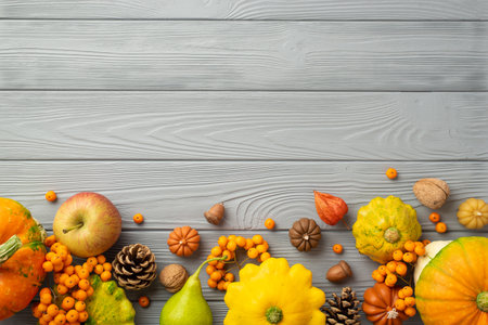 autumn harvest concept. Top view photo of raw vegetables pumpkins pattypans apple pear walnuts rowan berries pine cones acorns and physalis on isolated gray wooden table background with copyspaceの写真素材