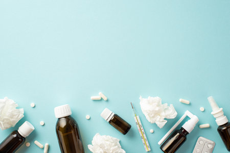 Seasonal diseases concept. Top view photo of medicines brown spray and syrup bottles blister pack pills thermometer and crumpled paper napkins on isolated pastel blue background with copyspaceの写真素材