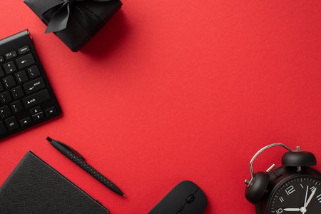 Black friday concept. Top view photo of black alarm clock keyboard computer mouse notebook pen and...