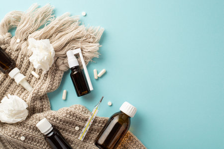 Seasonal diseases concept. Top view photo of spray and syrup transparent brown bottles pills capsules thermometer knitted scarf and crumpled napkins on isolated pastel blue background with copyspaceの写真素材