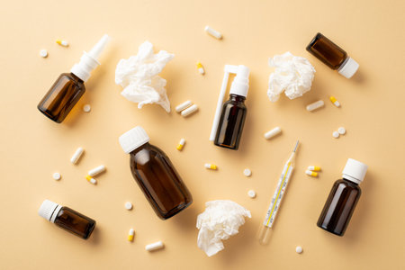 Illness concept. Top view photo of medicines spray and syrup transparent brown bottles pills capsules thermometer and crumpled paper napkins on isolated beige backgroundの写真素材