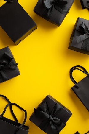 Black friday sale concept. Top view vertical photo of black gift boxes with ribbon bows and paper bags on isolated yellow background with empty space in the middleの写真素材