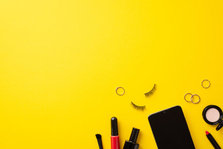 Cyber monday concept. Top view photo of smartphone cosmetics nail polish false eyelashes eyeshadow lip liner gloss brush and gold rings on isolated yellow background with empty spaceの写真素材