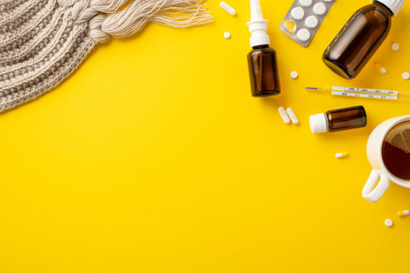 Seasonal diseases concept. Top view photo of medicines syrup and spray bottles tablets blister pack thermometer knitted scarf and cup of tea with lemon on isolated yellow background with empty spaceの写真素材