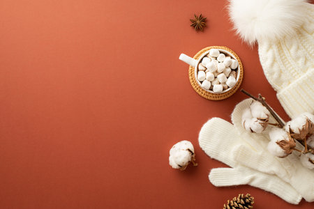 winter concept. Top view photo of knitted bobble hat mittens cup of hot chocolate with marshmallow on rattan place mat pine cone anise and cotton branch on isolated brown background with copy spaceの写真素材