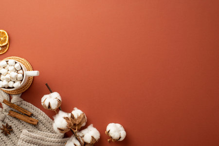 winter concept. Top view photo of knitted blanket mug of hot drinking with marshmallow rattan serving mat dried orange slices cinnamon sticks cotton branch on isolated brown background with copy spaceの写真素材
